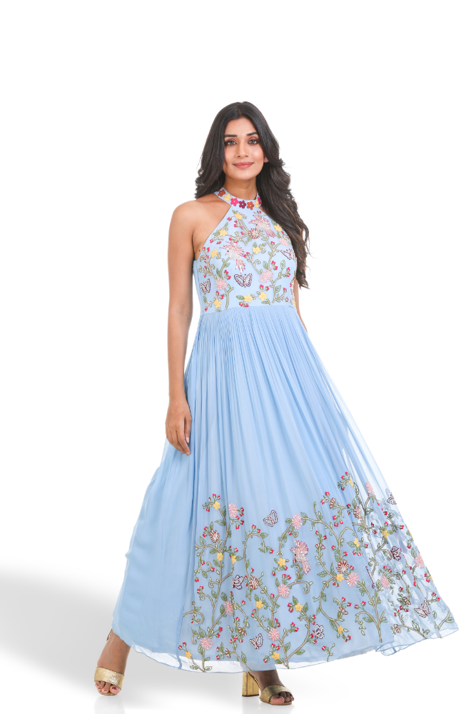 Sky Blue Halter Neck Gown