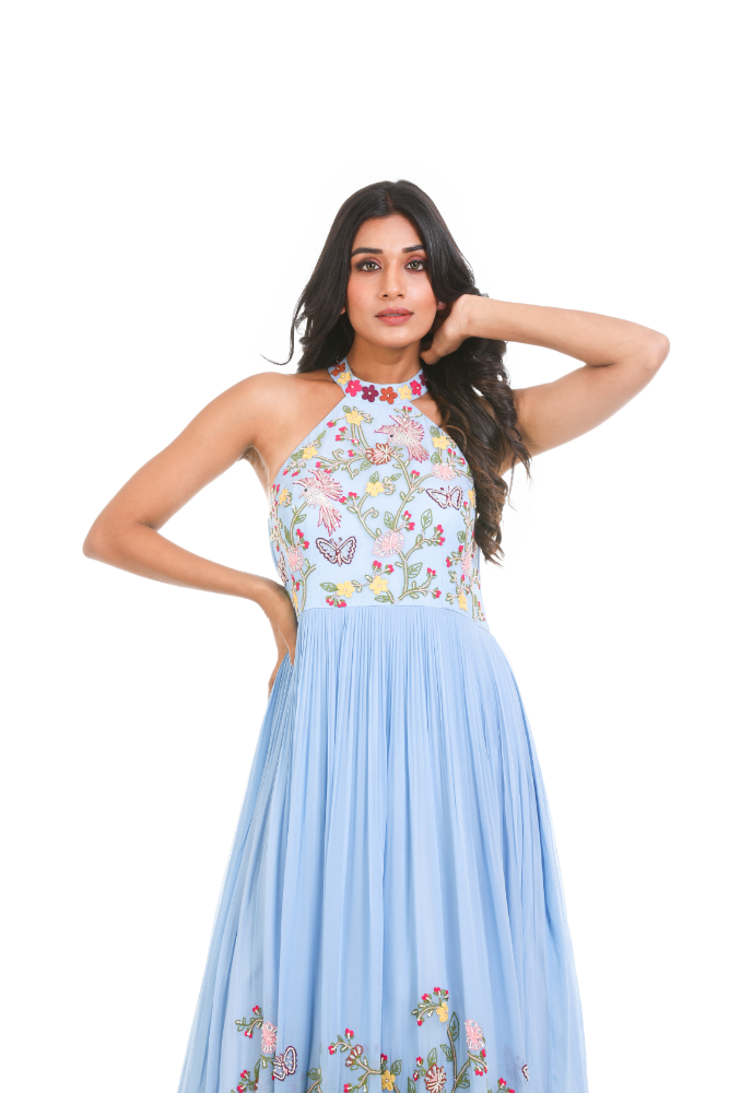 Sky Blue Halter Neck Gown