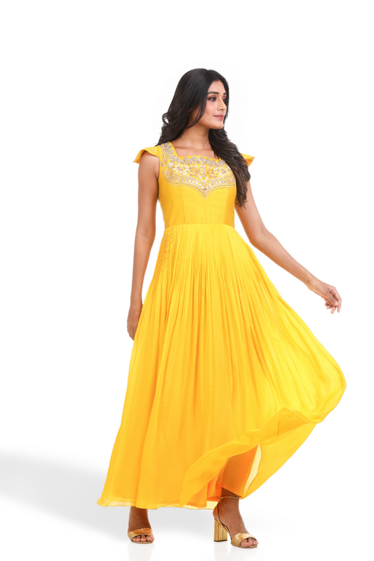 Yellow Hand Pleated Gown