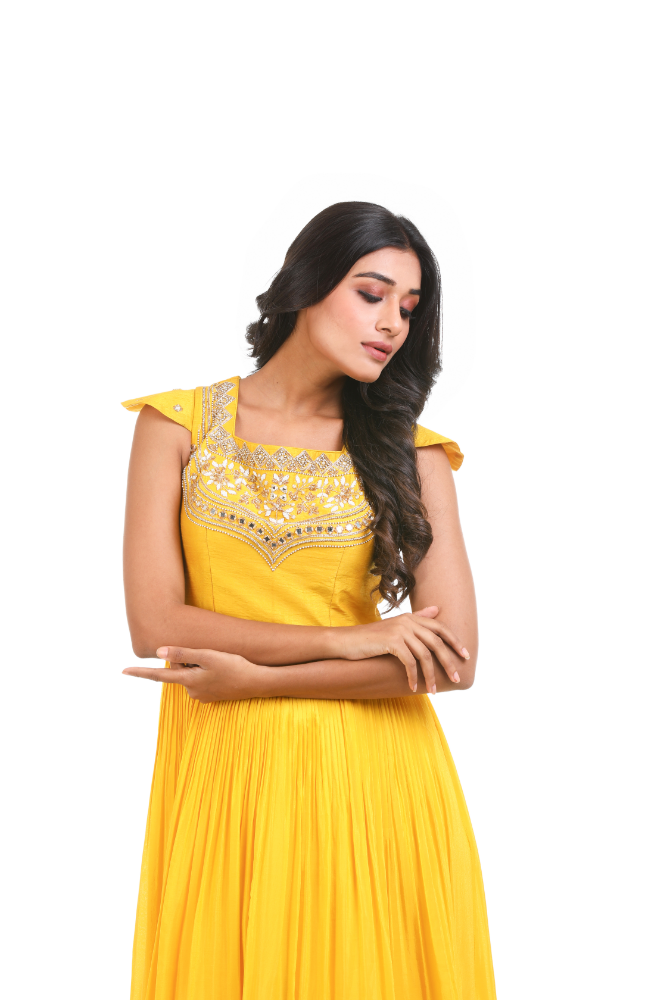 Yellow Hand Pleated Gown