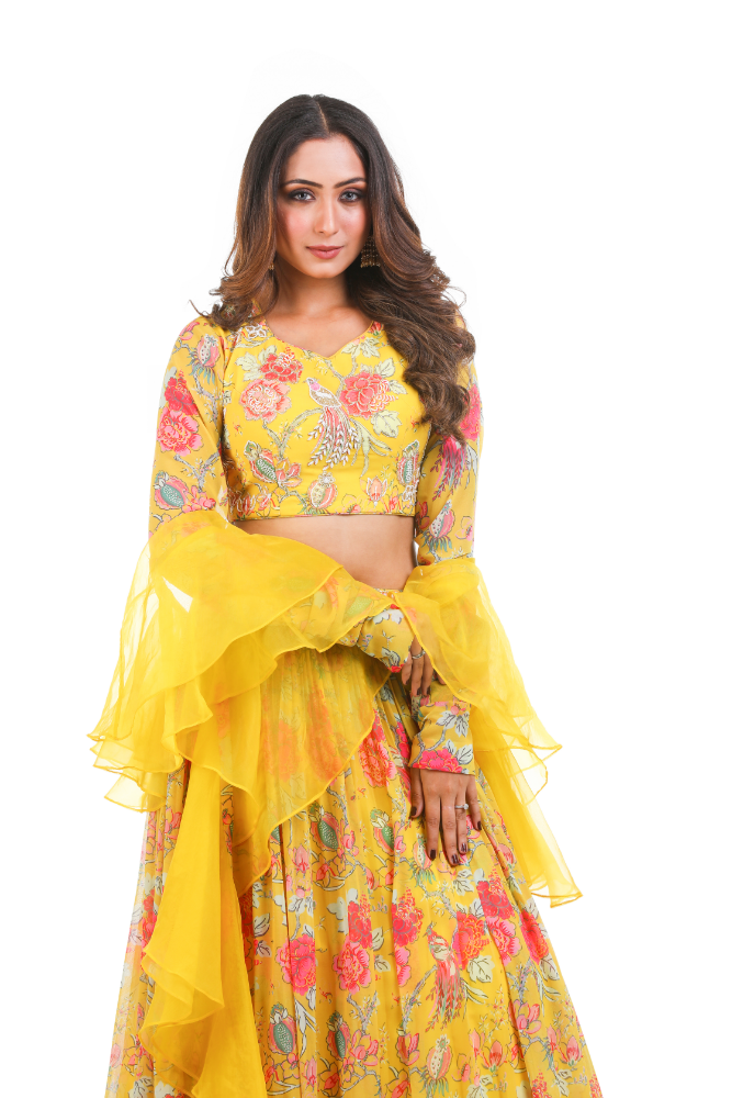 Yellow Digital Printed Lenha Choli With Ruffllee Duppatta