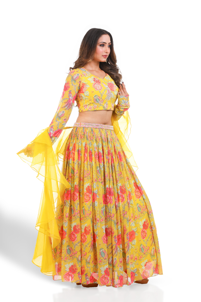 Yellow Digital Printed Lenha Choli With Ruffllee Duppatta