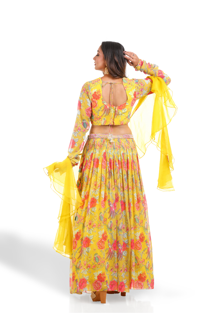 Yellow Digital Printed Lenha Choli With Ruffllee Duppatta