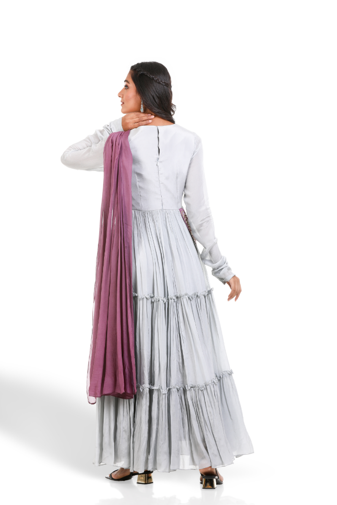 Light Grey Drapped Gown With Attached Duppatta