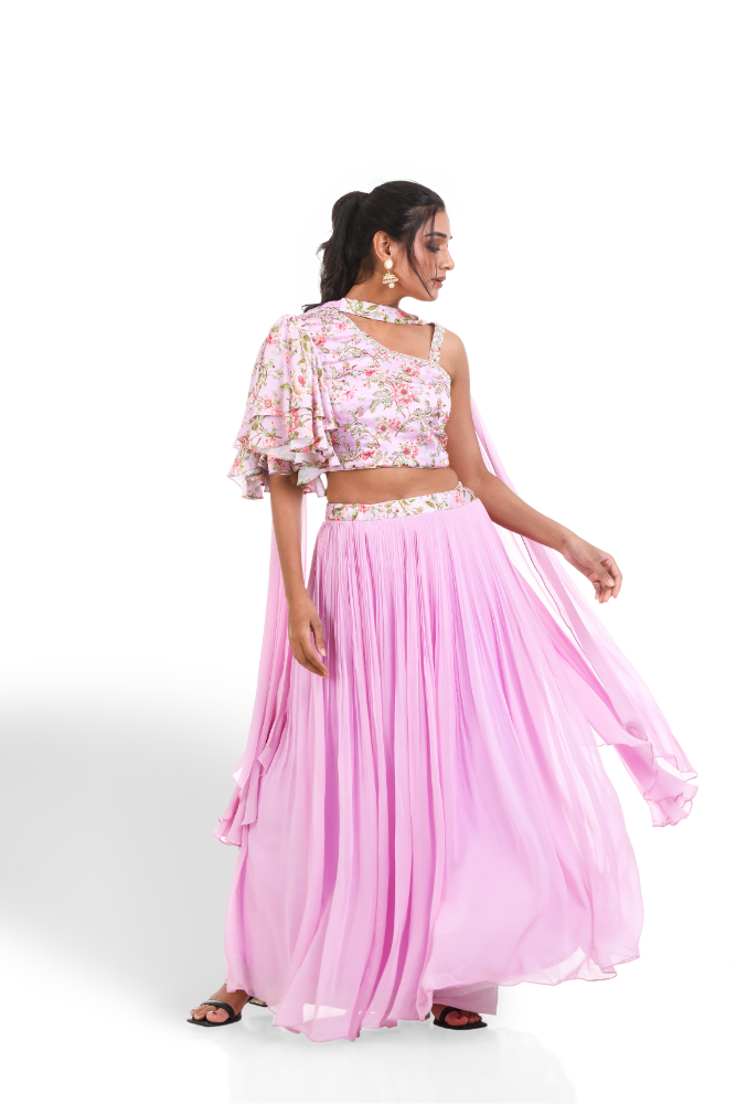 Laylac Digital Printed One Shoulder Blouse With Lehenga & Chocker Duppatta