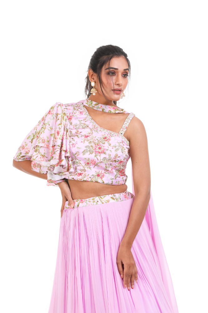 Laylac Digital Printed One Shoulder Blouse With Lehenga & Chocker Duppatta