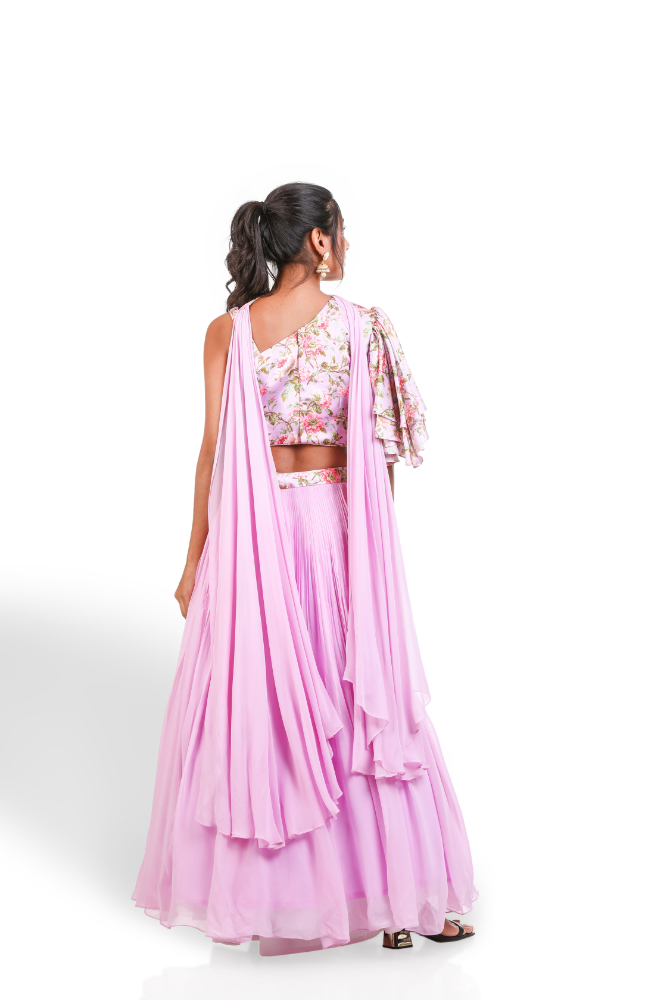 Laylac Digital Printed One Shoulder Blouse With Lehenga & Chocker Duppatta