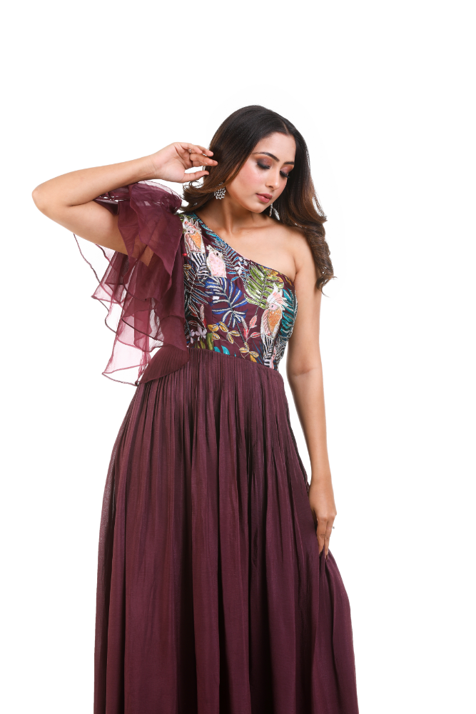 Wine Digital Printed One Shoulder Gown