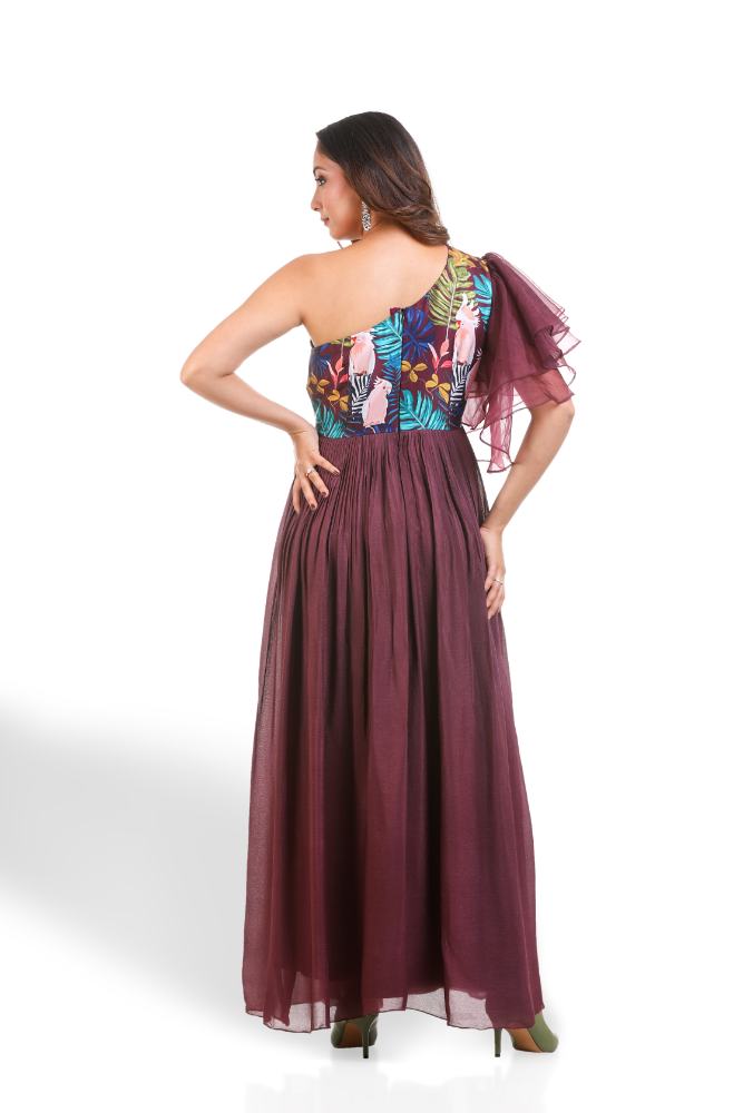 Wine Digital Printed One Shoulder Gown