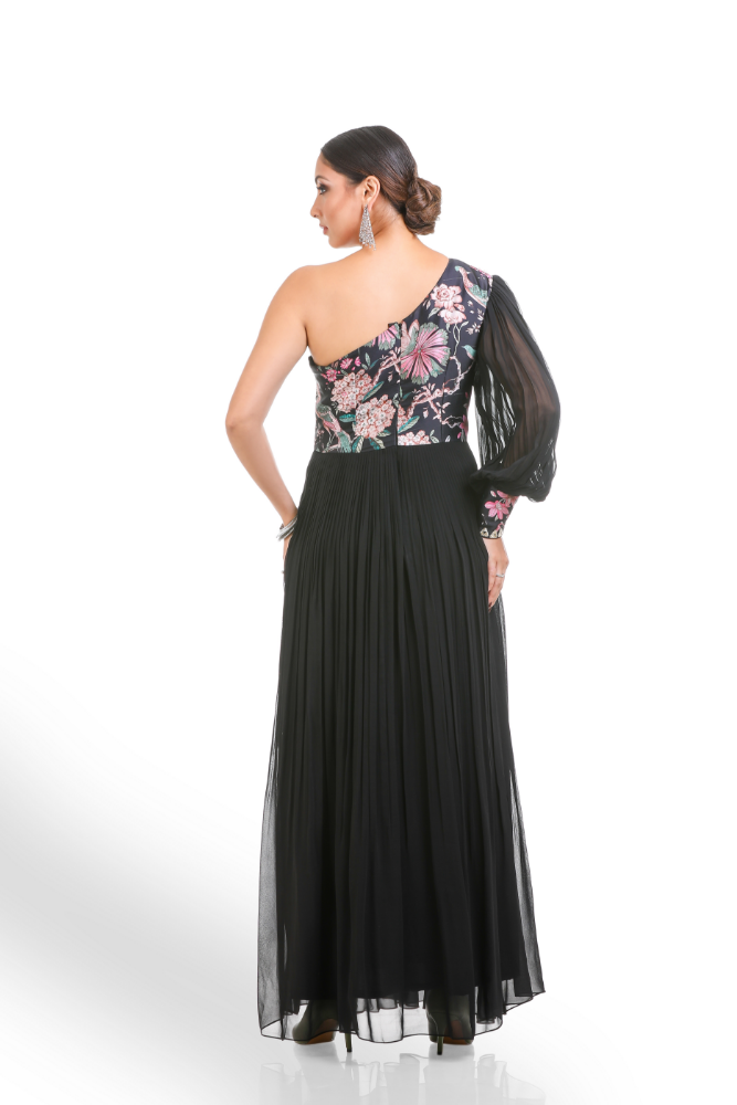 Black Digital Printed One Shoulder Gown