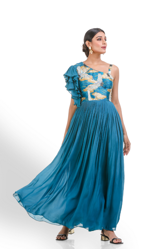Peacock Blue One Shoulder Digital Printed Gown