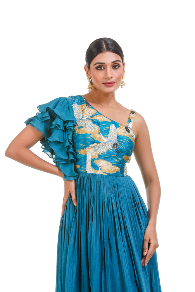 Peacock Blue One Shoulder Digital Printed Gown