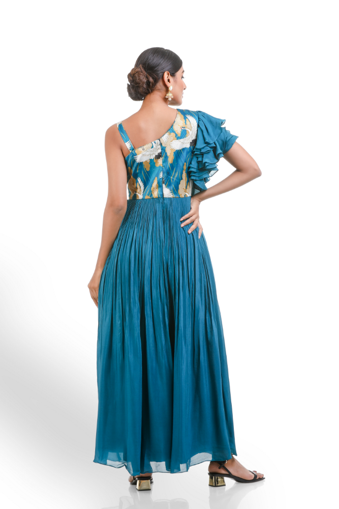 Peacock Blue One Shoulder Digital Printed Gown