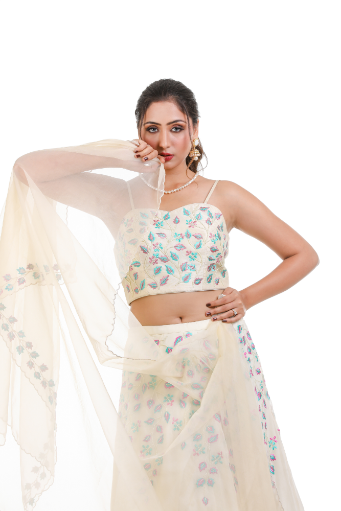 Off White Lehenga Choli With Duppatta.