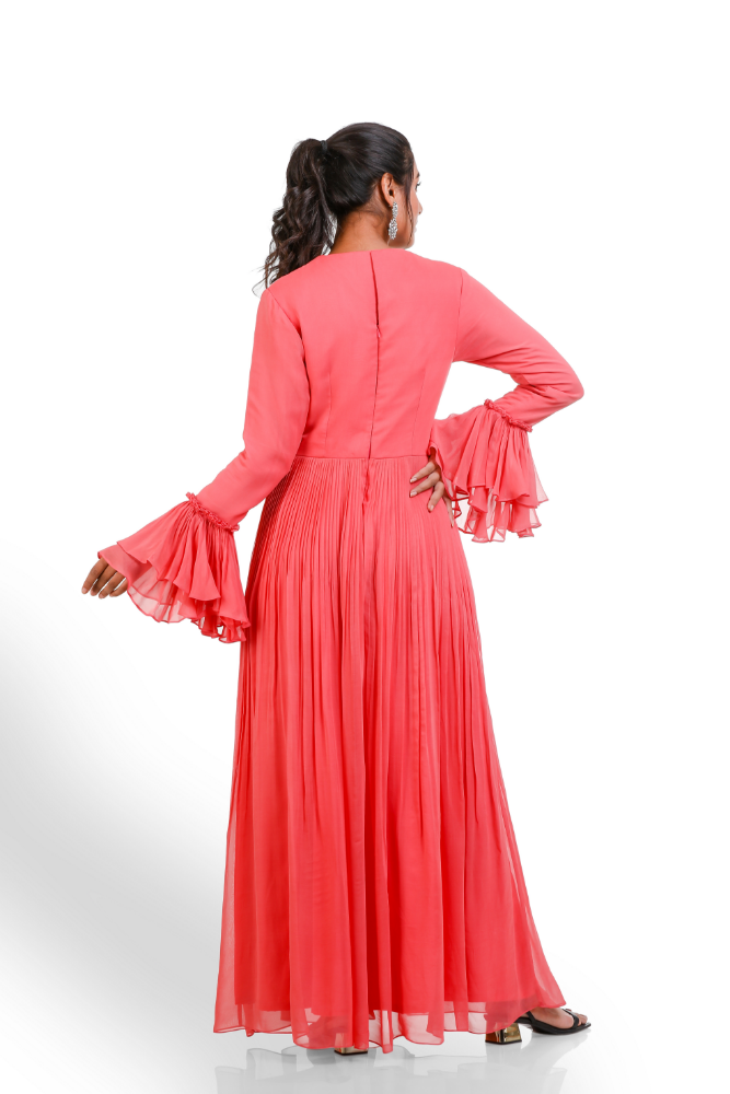 Dark Peach Hand Pleated Gown With Frill Cuffs