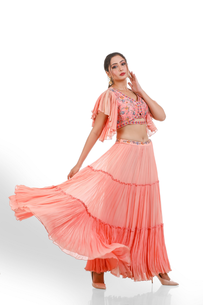 Light Peach Layered Lengha Choli With Duppatta