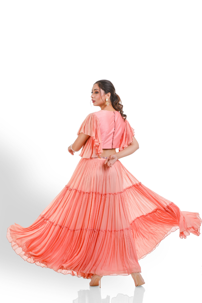 Light Peach Layered Lengha Choli With Duppatta