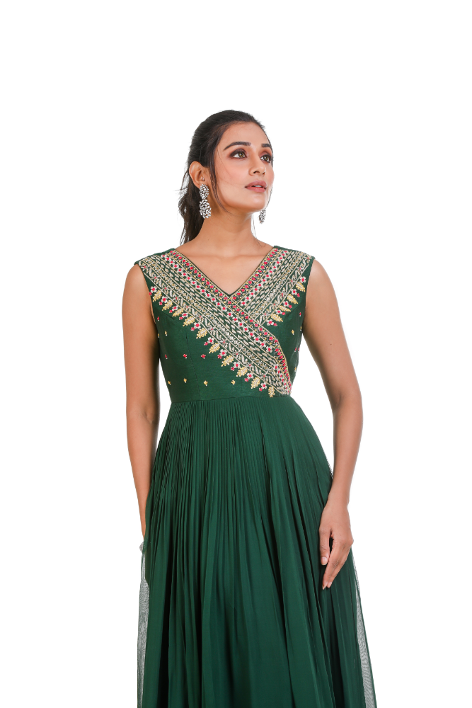 Dark Green Sleeve Less Hand Pleated Gown