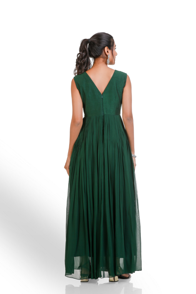 Dark Green Sleeve Less Hand Pleated Gown