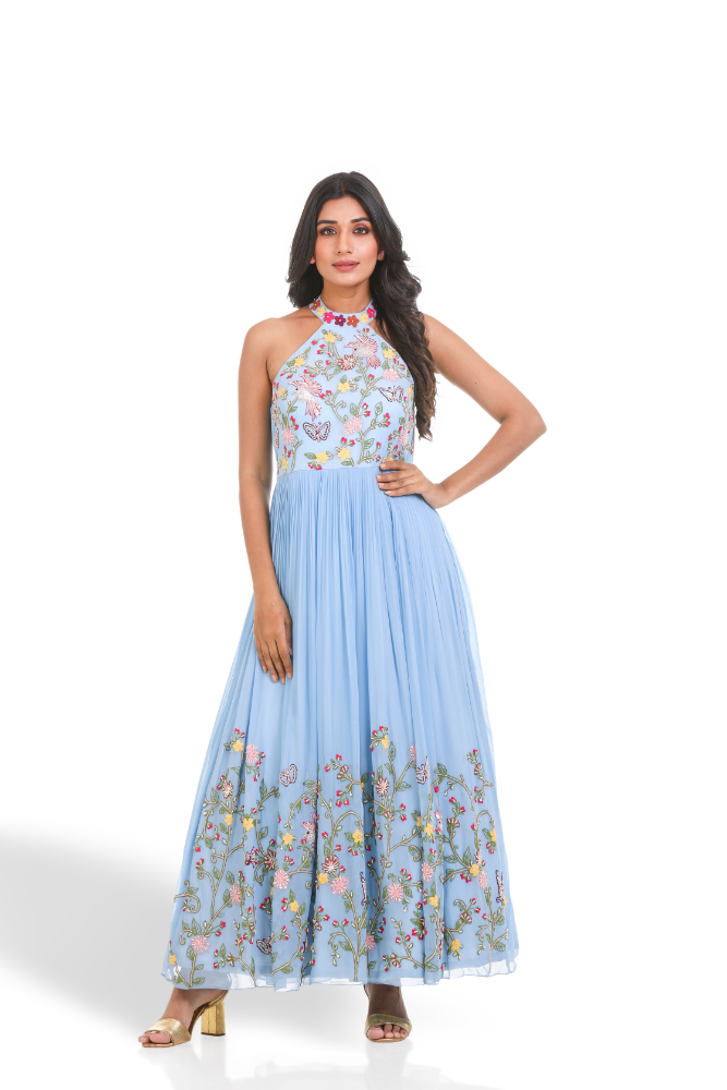 Sky Blue Halter Neck Gown