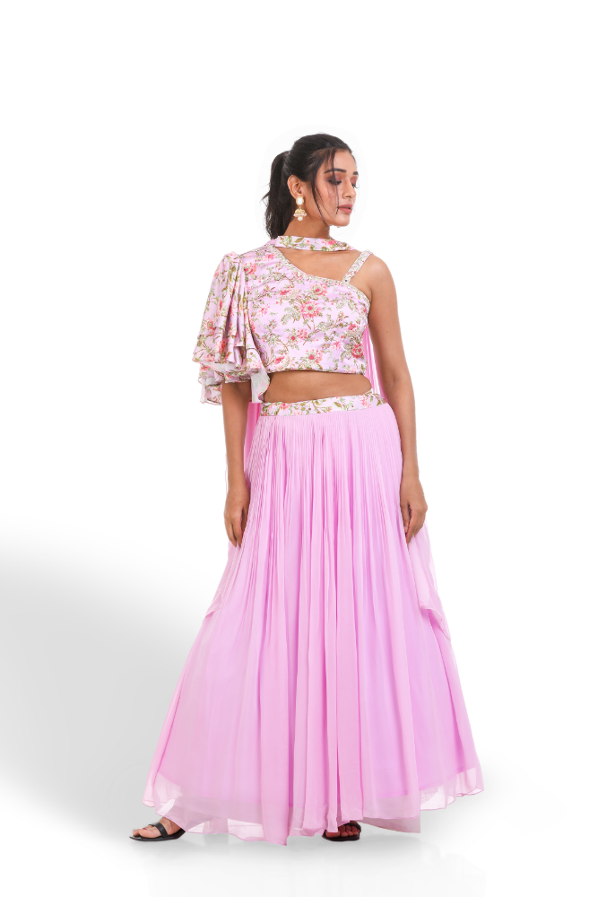 Laylac Digital Printed One Shoulder Blouse With Lehenga & Chocker Duppatta