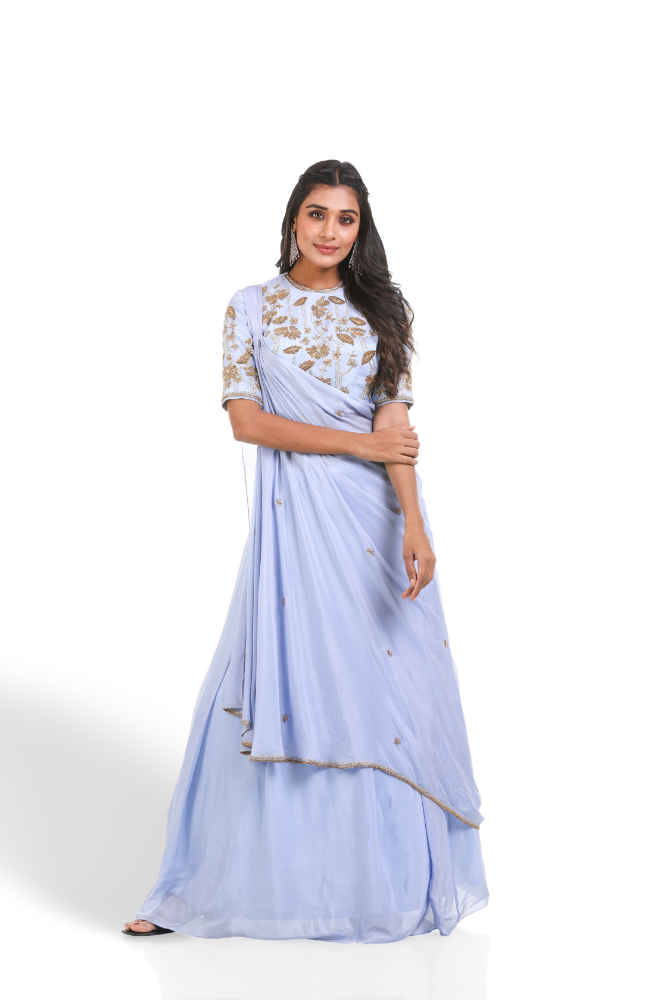 Ice Blue Top With Cape & Hand Box Pleated Skirt