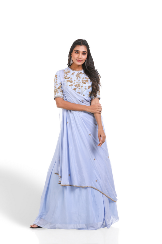 Ice Blue Top With Cape & Hand Box Pleated Skirt
