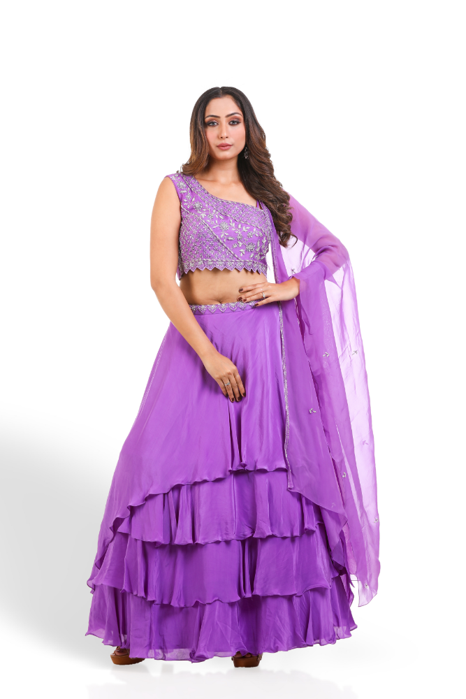 Purple Lehenga Choli With Layered Lehenga & Duppatta