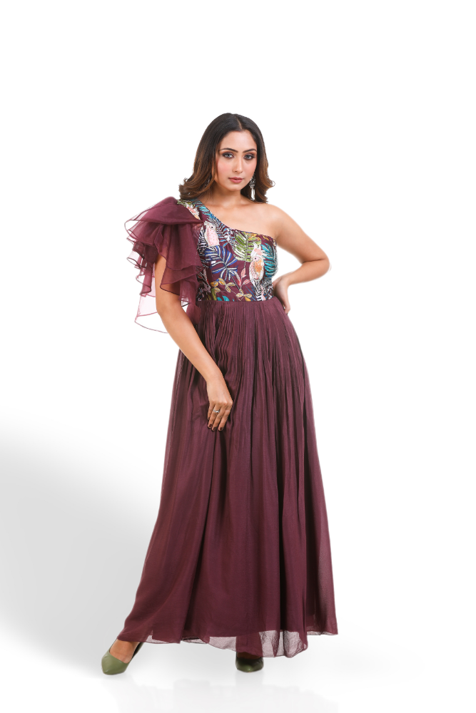 Wine Digital Printed One Shoulder Gown