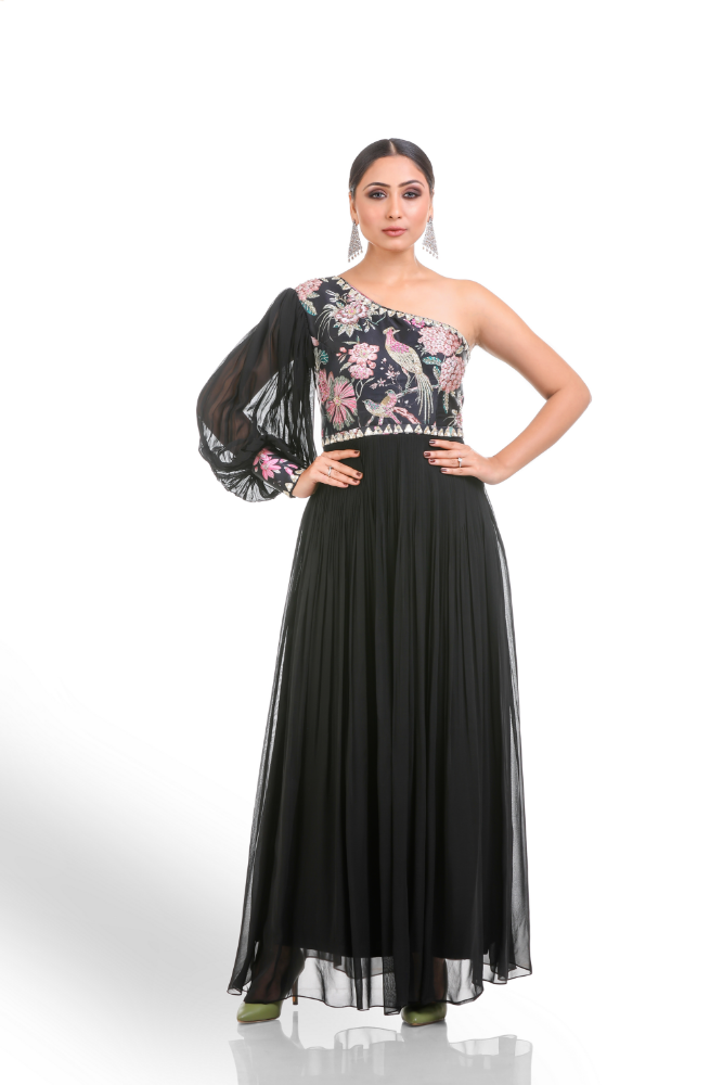 Black Digital Printed One Shoulder Gown