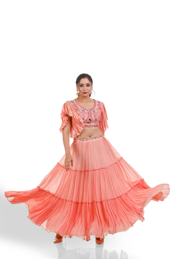 Light Peach Layered Lengha Choli With Duppatta