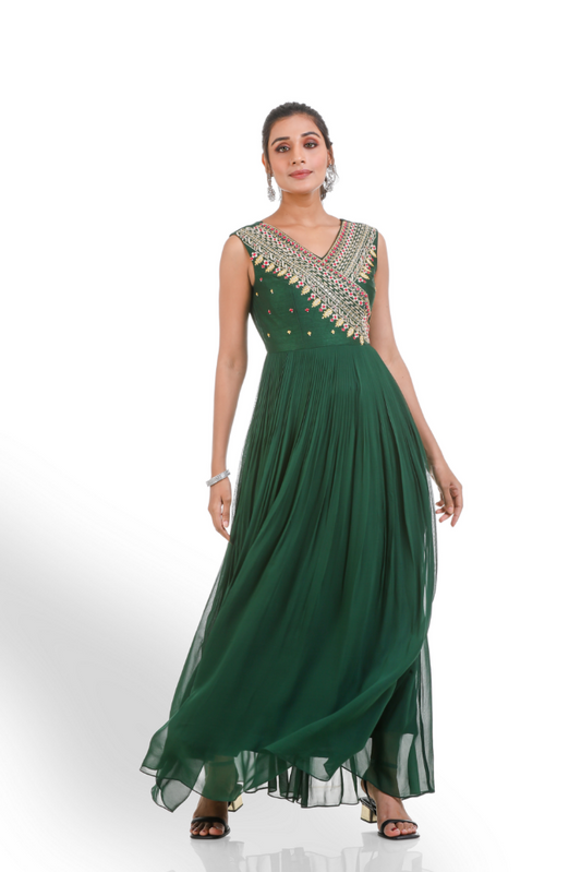 Dark Green Sleeve Less Hand Pleated Gown